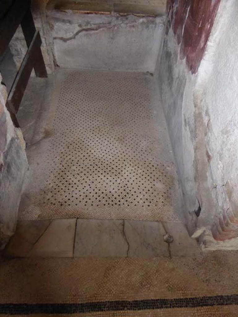 V.8 Herculaneum. October 2014. Room 1, flooring of small corridor on east side, with doorway to room 5, on left.
The corridor is on the north side of the small tablinum, and looks onto the raised courtyard. Photo courtesy of Michael Binns.